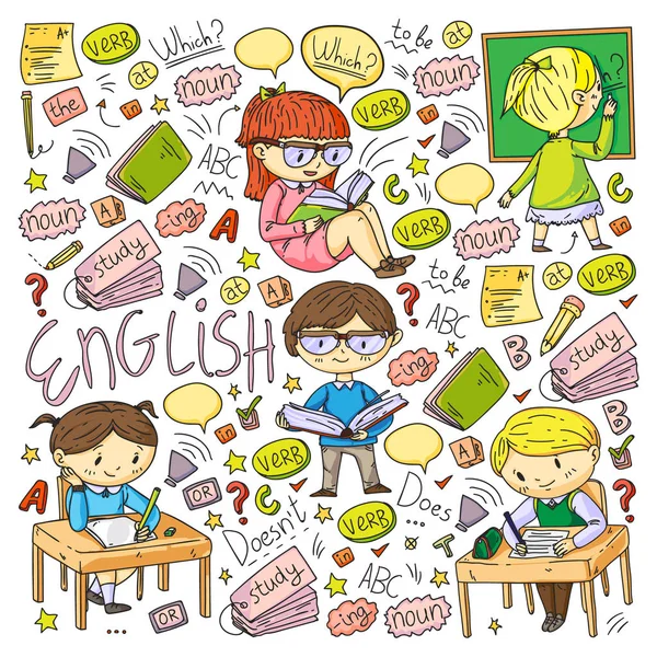 Αγγλικό σχολείο για παιδιά. Μάθε τη γλώσσα. Εκπαίδευση διανυσματική απεικόνιση. Παιδιά που σχεδιάζουν εικόνα στυλ doodle. — Διανυσματικό Αρχείο