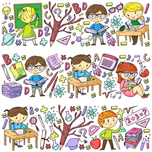 De vuelta a la escuela. Iconos vectoriales y elementos para niños pequeños, la universidad. Estilo Doodle, dibujo de niños — Archivo Imágenes Vectoriales