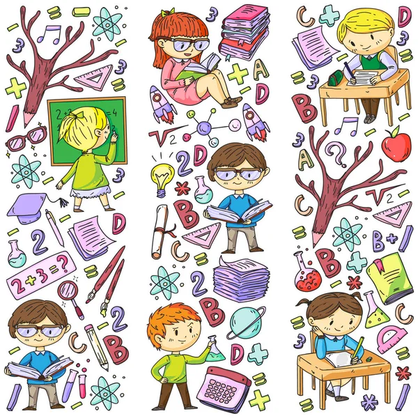 Wróć do szkoły. Ikony wektorowe i elementy dla małych dzieci, Kolegium. Doodle styl, dzieci rysunek — Wektor stockowy