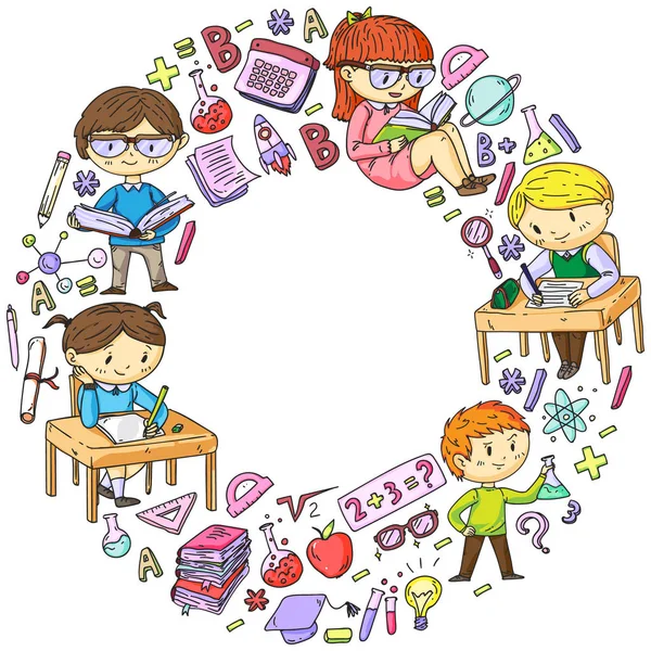 Back to school. Vector icons and elements for little children, college. Doodle style, kids drawing — Stock Vector