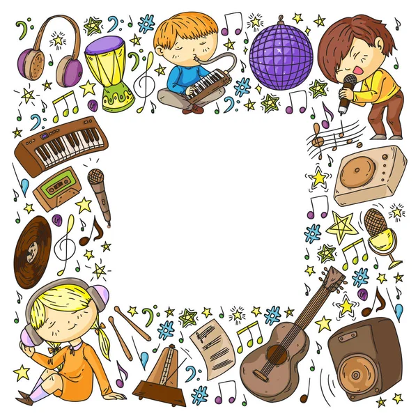 Barn spelar musik. Musikalisk utbildning, Teater, skola. — Stock vektor