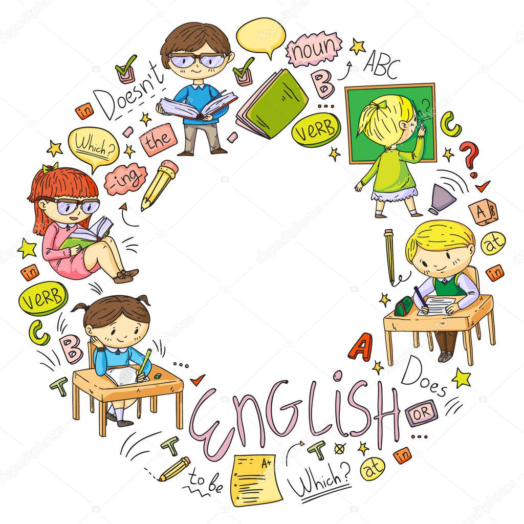 English school for children. Learn language. Education vector illustration. Kids drawing doodle style image.