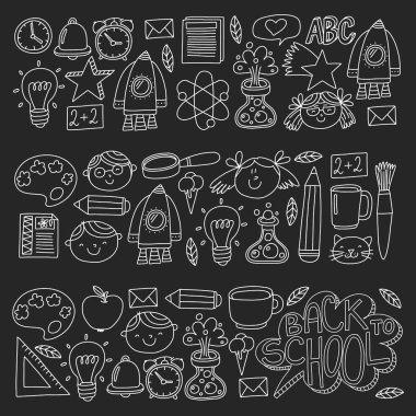 Küçük öğrenciler ile okul simgeleri ile vektör deseni. Çocuk eğitim kimya, yaratıcılık, matematik, fizik, cebir, geometri, biyoloji, coğrafya, astronomi.