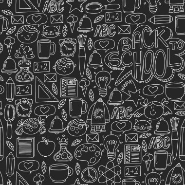 Küçük öğrenciler ile okul simgeleri ile vektör deseni. Çocuk eğitim kimya, yaratıcılık, matematik, fizik, cebir, geometri, biyoloji, coğrafya, astronomi.