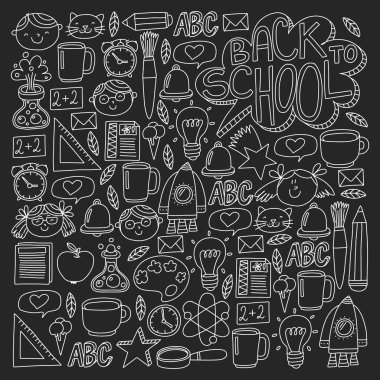 Küçük öğrenciler ile okul simgeleri ile vektör deseni. Çocuk eğitim kimya, yaratıcılık, matematik, fizik, cebir, geometri, biyoloji, coğrafya, astronomi.