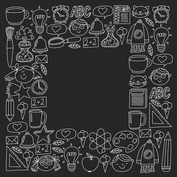 Küçük öğrenciler ile okul simgeleri ile vektör deseni. Çocuk eğitim kimya, yaratıcılık, matematik, fizik, cebir, geometri, biyoloji, coğrafya, astronomi.
