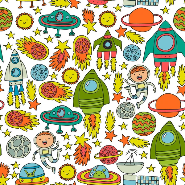 Vector pattern with space icons, planets, spaceships, stars, comets, rockets, space shuttle, flying saucers. — Stock Vector