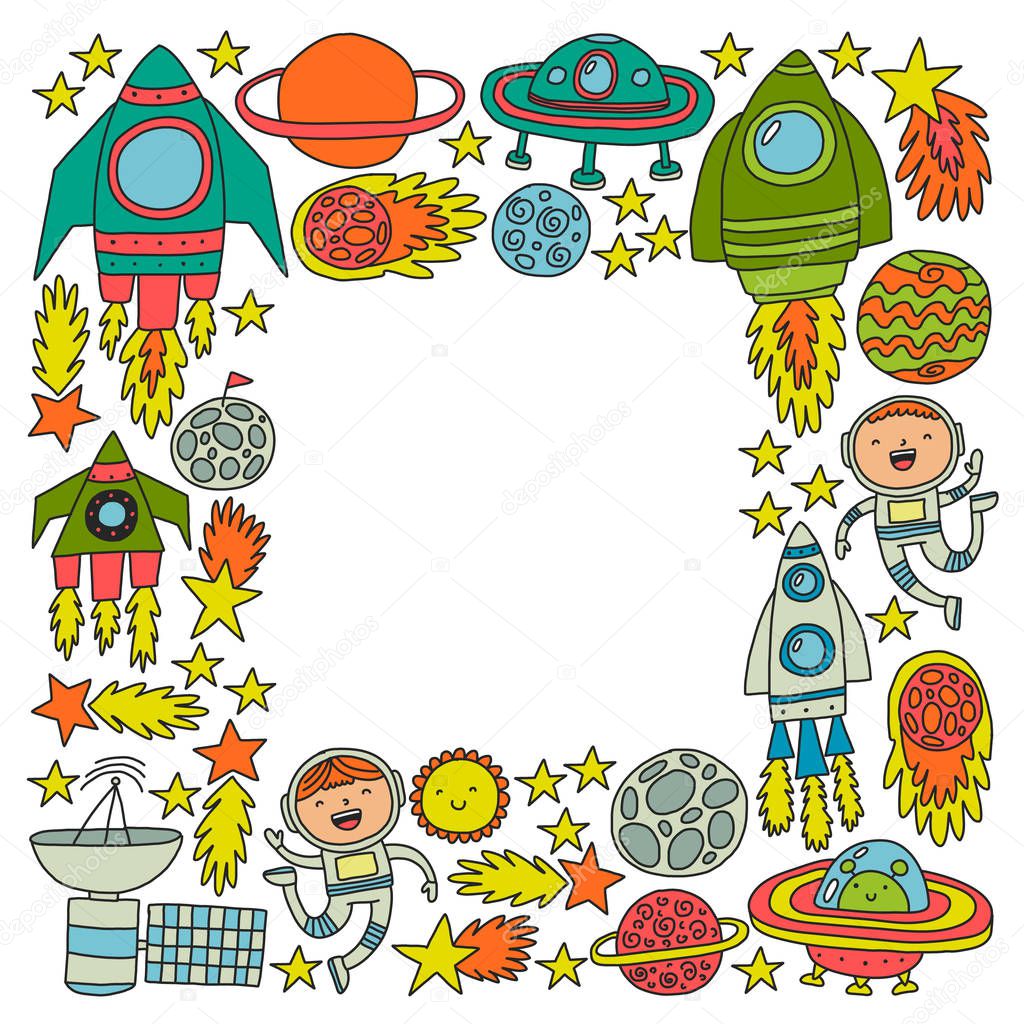 Vector pattern with space icons, planets, spaceships, stars, comets, rockets, space shuttle, flying saucers.