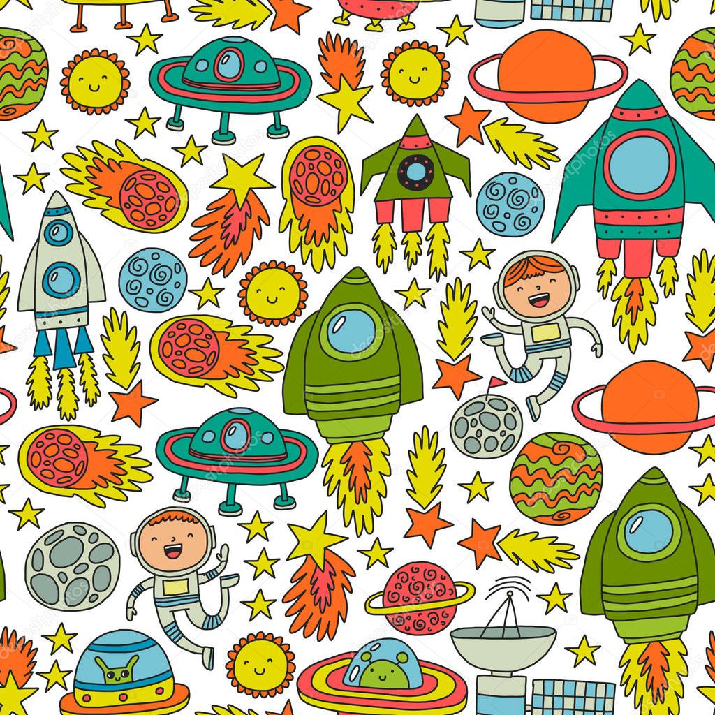 Vector pattern with space icons, planets, spaceships, stars, comets, rockets, space shuttle, flying saucers.