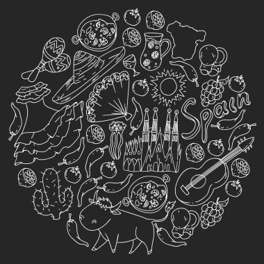 İspanya vektör deseni. İspanyolca geleneksel semboller ve nesneler.