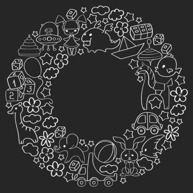 Çocuk oyuncakları ile vektör deseni. Küçük çocuklar için Doodle tarzında anaokulu elemanları. Eğitim, oyun, büyümek