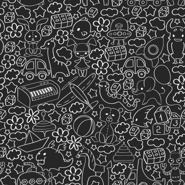 Çocuk oyuncakları ile vektör deseni. Küçük çocuklar için Doodle tarzında anaokulu elemanları. Eğitim, oyun, büyümek