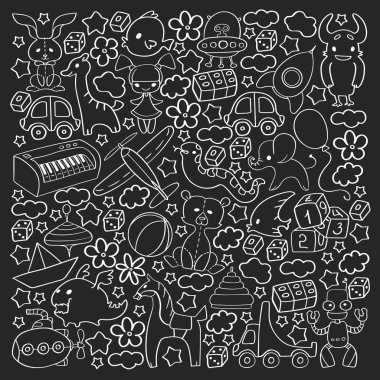 Çocuk oyuncakları ile vektör deseni. Küçük çocuklar için Doodle tarzında anaokulu elemanları. Eğitim, oyun, büyümek