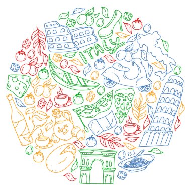 İtalya vektör elemanları ve simgeler. İtalyan kültürü, şehirler Roma, Venedik, Milano, peynir, şarap ile Doodle deseni.