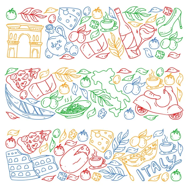 Italia elementos vectoriales e iconos. Patrón de Doodle con cultura italiana, ciudades Roma, Venecia, Milán, queso, vino . — Vector de stock