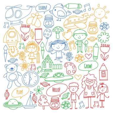 Vektör simgeleri ve öğeleri. Anaokulu, oyuncaklar. Küçük çocuklar oynamak, öğrenmek, birlikte büyümek.