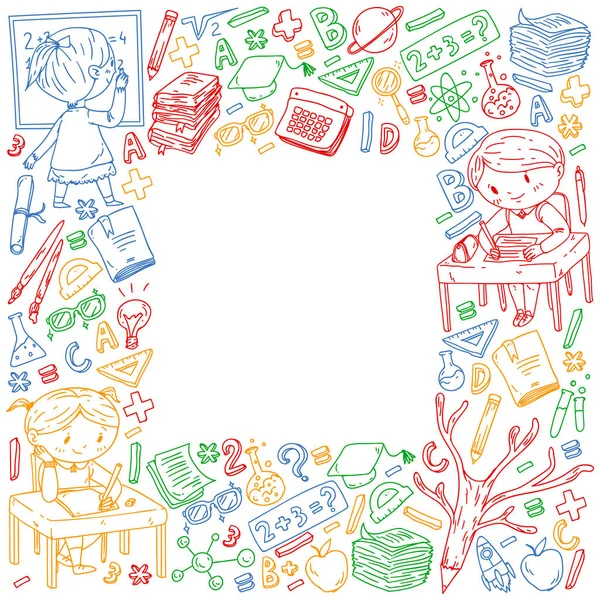 Zurück zur Schule. Vektor-Symbole und Elemente für kleine Kinder, College. Doodle-Stil, Kinder zeichnen — Stockvektor