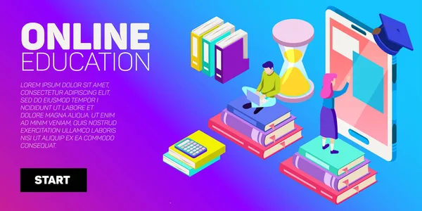 Isometric vector banner. Online education, learning, distant courses. School, college, unversity. — Stock Vector