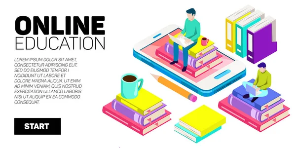 Isometric vector banner. Online education, learning, distant courses. School, college, unversity. — Stock Vector