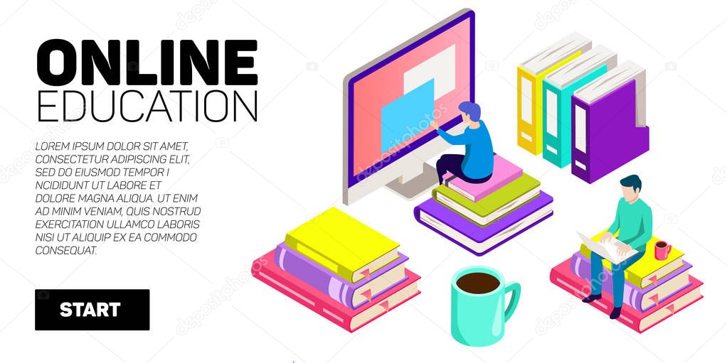 Isometric vector banner. Online education, learning, distant courses. School, college, unversity.