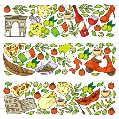 İtalya vektör elemanları ve simgeler. İtalyan kültürü, şehirler Roma, Venedik, Milano, peynir, şarap ile Doodle deseni.