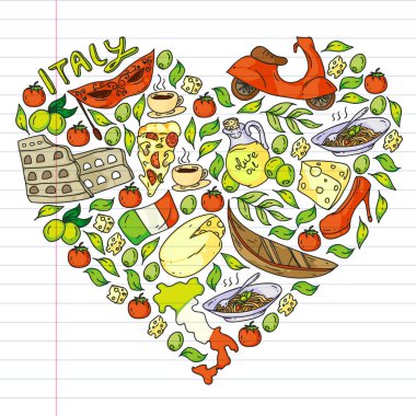İtalya vektör elemanları ve simgeler. İtalyan kültürü, şehirler Roma, Venedik, Milano, peynir, şarap ile Doodle deseni.