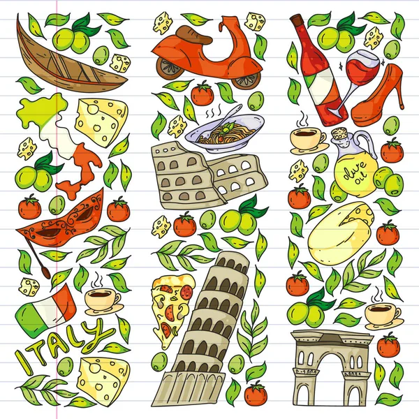 Italia elementos vectoriales e iconos. Patrón de Doodle con cultura italiana, ciudades Roma, Venecia, Milán, queso, vino . — Vector de stock