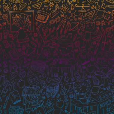 Okula dönüyoruz. Küçük çocuklar için vektör simgeleri ve elemanları, kolej. Doodle tarzı, çocuklar çizim