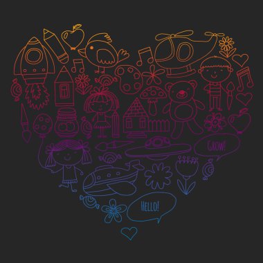 Vektör simgeleri ve öğeleri. Anaokulu, oyuncaklar. Küçük çocuklar oynamak, öğrenmek, birlikte büyümek.