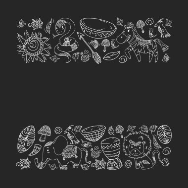 Vektör Afrika elemanları ve çocuklar için hayvanlar giyim, moda, t-shirt. Zebra, maymun, leopar, Jaguar, kuş, fil ile çocuk duvar kağıdı