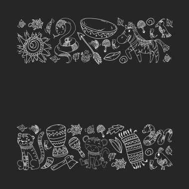 Vektör Afrika elemanları ve çocuklar için hayvanlar giyim, moda, t-shirt. Zebra, maymun, leopar, Jaguar, kuş, fil ile çocuk duvar kağıdı