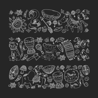 Vektör Afrika elemanları ve çocuklar için hayvanlar giyim, moda, t-shirt. Zebra, maymun, leopar, Jaguar, kuş, fil ile çocuk duvar kağıdı