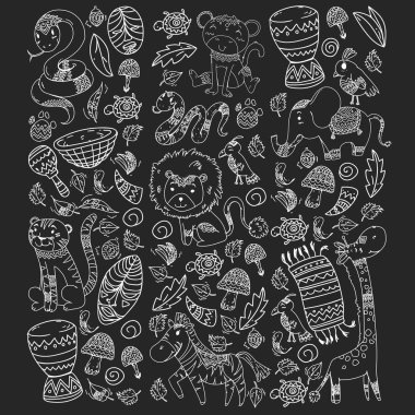 Vektör Afrika elemanları ve çocuklar için hayvanlar giyim, moda, t-shirt. Zebra, maymun, leopar, Jaguar, kuş, fil ile çocuk duvar kağıdı