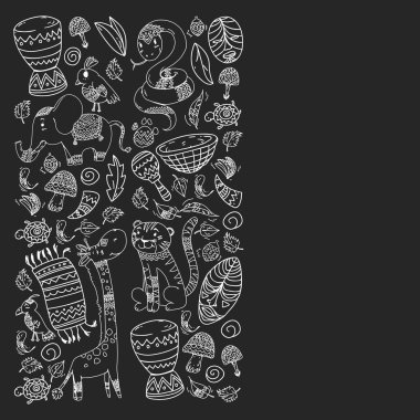 Vektör Afrika elemanları ve çocuklar için hayvanlar giyim, moda, t-shirt. Zebra, maymun, leopar, Jaguar, kuş, fil ile çocuk duvar kağıdı