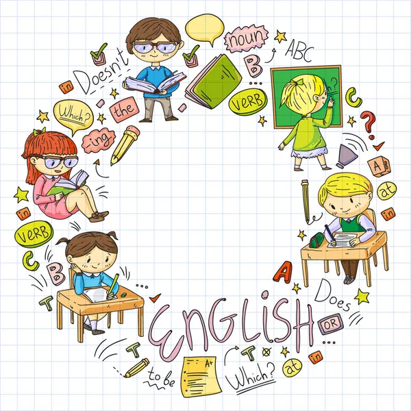 Escola de inglês para crianças. Aprenda linguagem. Ilustração vetorial educação. Crianças desenho imagem estilo doodle . — Vetor de Stock