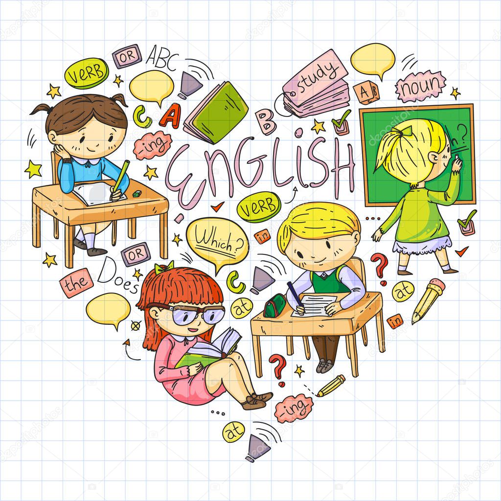 English school for children. Learn language. Education vector illustration. Kids drawing doodle style image.