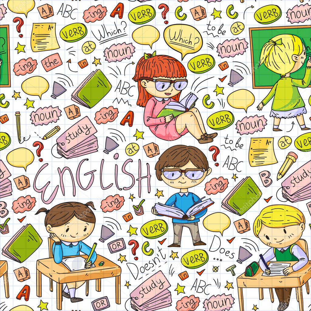 English school for children. Learn language. Education vector illustration. Kids drawing doodle style image.