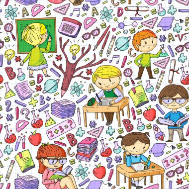 Okula dönüyoruz. Küçük çocuklar için vektör simgeleri ve elemanları, kolej. Doodle tarzı, çocuklar çizim