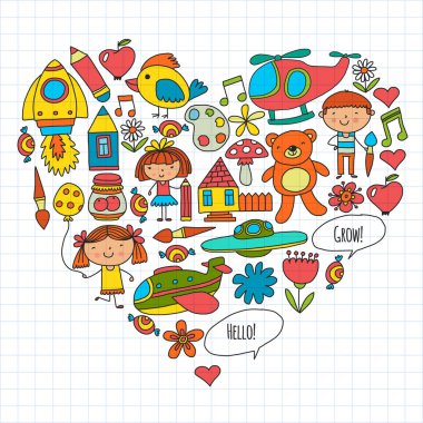 Vektör simgeleri ve öğeleri. Anaokulu, oyuncaklar. Küçük çocuklar oynamak, öğrenmek, birlikte büyümek.