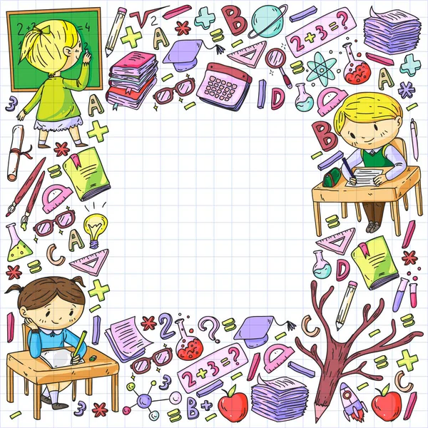 Back to school. Vector icons and elements for little children, college. Doodle style, kids drawing — Stock Vector