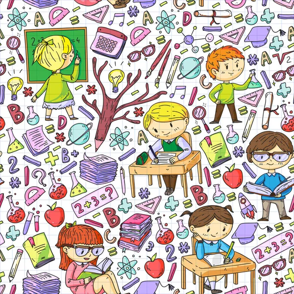 Torniamo a scuola. Icone vettoriali ed elementi per bambini piccoli, college. Stile Doodle, disegno per bambini — Vettoriale Stock