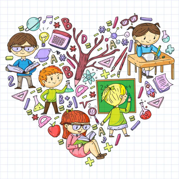 Torniamo a scuola. Icone vettoriali ed elementi per bambini piccoli, college. Stile Doodle, disegno per bambini — Vettoriale Stock