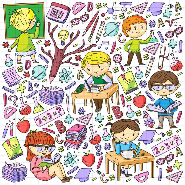 De vuelta a la escuela. Iconos vectoriales y elementos para niños pequeños, la universidad. Estilo Doodle, dibujo de niños — Archivo Imágenes Vectoriales