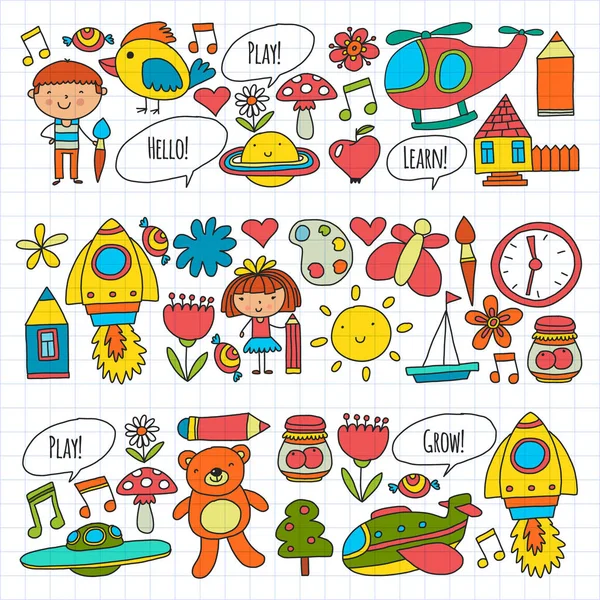 Iconos y elementos vectoriales. Jardín de infantes, juguetes. Los niños pequeños juegan, aprenden, crecen juntos . — Vector de stock