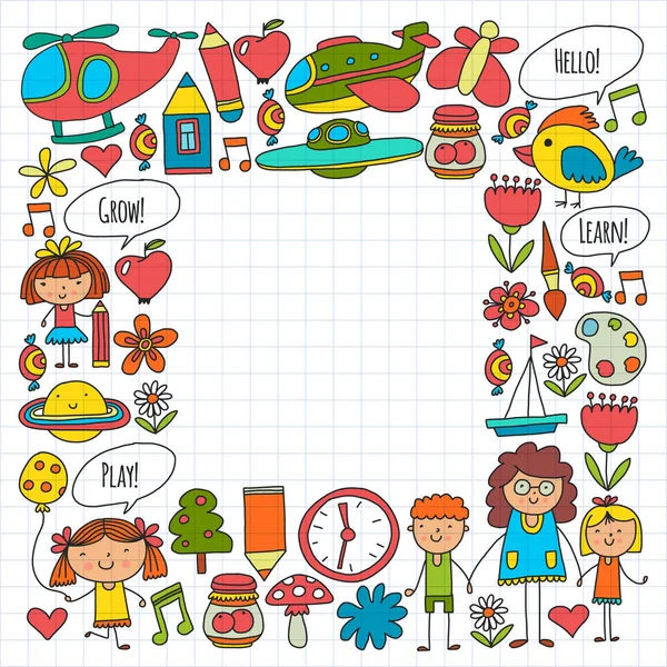 Iconos y elementos vectoriales. Jardín de infantes, juguetes. Los niños pequeños juegan, aprenden, crecen juntos . — Vector de stock