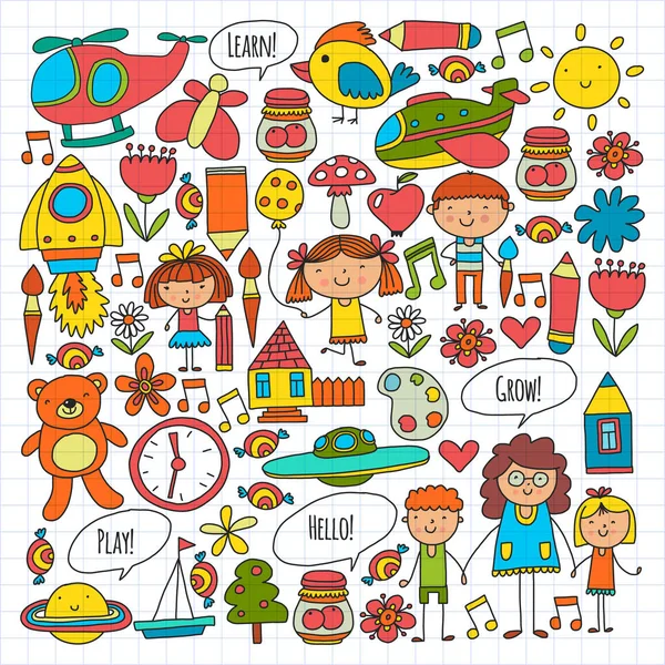 Iconos y elementos vectoriales. Jardín de infantes, juguetes. Los niños pequeños juegan, aprenden, crecen juntos . — Vector de stock