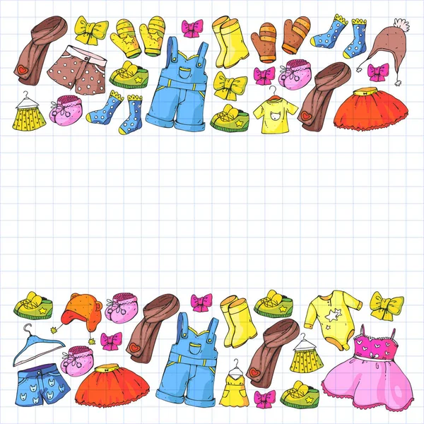 Des vêtements pour enfants. Arrière-plan pour bébés, motifs enfants. — Image vectorielle