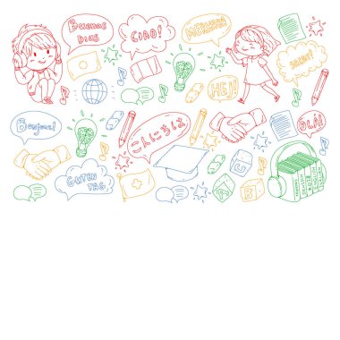 Dil sınıfı için vektör deseni, çevrimiçi kurslar. İngilizce, Arapça, İtalyanca, Japonca, İspanyolca, Çince, Almanca.