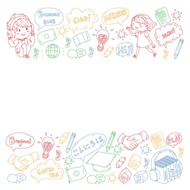 Dil sınıfı için vektör deseni, çevrimiçi kurslar. İngilizce, Arapça, İtalyanca, Japonca, İspanyolca, Çince, Almanca.