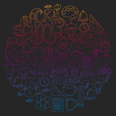 Küçük öğrenciler ile okul simgeleri ile vektör deseni. Çocuk eğitim kimya, yaratıcılık, matematik, fizik, cebir, geometri, biyoloji, coğrafya, astronomi.